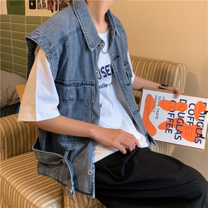 潮牌夏季青年修身单排扣口袋装饰无袖牛仔马甲背心外搭 W912-P45图片