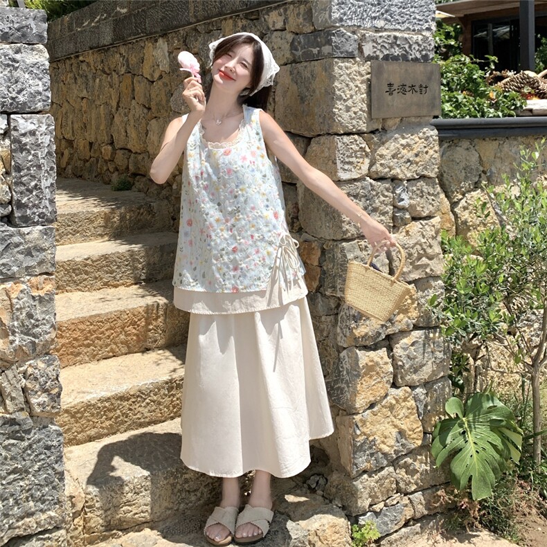 盐甜系森系碎花背心套装女2025新款温柔夏季松紧高腰半身裙两件套图片