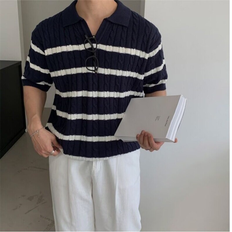 蓝白撞色条纹针织短袖男款Polo衫夏季透气凉感T恤学院风翻领上衣,男装T恤,星座205-3