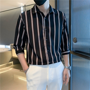 条纹七分袖衬衣新品轻熟风男装韩版修身高级感衬衫男士C156-1-2图片