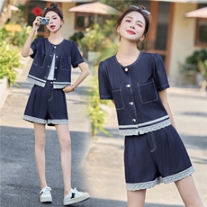 2025韩版夏季薄时尚显瘦蕾丝拼接牛仔短袖短裤套装，女装套装/套裙，贵人树