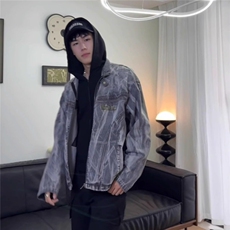 美式高街水洗做旧涂鸦印花牛仔外套男春秋季宽松破坏感机车夹克男，男装夹克，星座506A