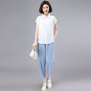 时尚套装女2023夏季新款天丝上衣休闲裤搭配一整套中年妈妈两件套图片