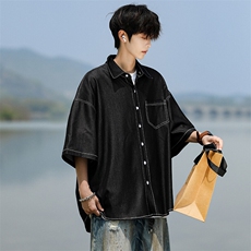 8XL-M冰丝牛仔短袖衬衫男款夏季薄款宽松慵懒衬衣外套DC28006P60，男装T恤，电商B312