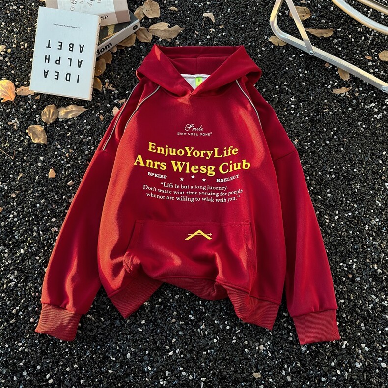 得物品质秋男女连帽卫衣反光条纹字母印花本命红夹克外套WY67P50,男装夹克,星座1013-1