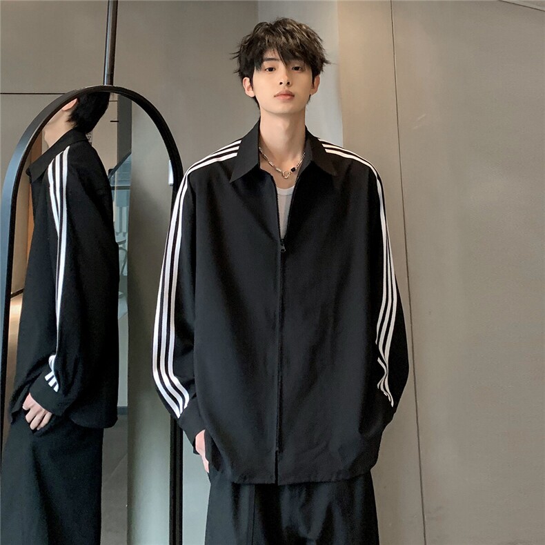 美式男女同款运动学院风拼接三条杠长袖衬衫可二开CS22-P48,男装衬衫,电商C307