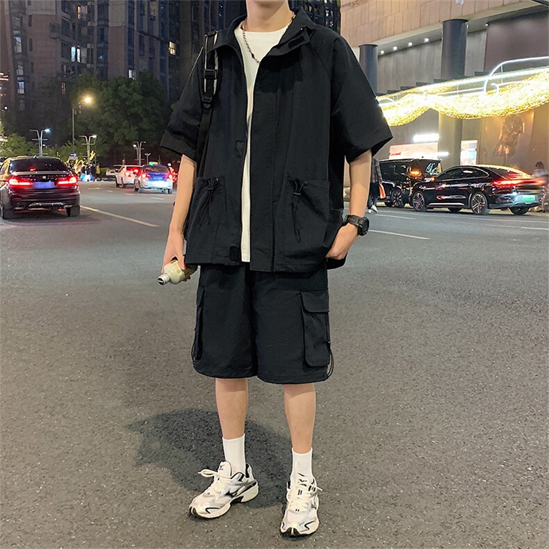 工装套装XZ5513-TP65控价98潮牌夏季工装短袖衬衫套装帅气搭配,男装衬衫,电商A102-1