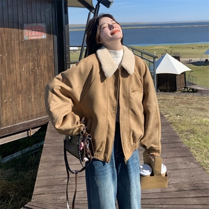 2025冬季新款休闲韩系保暖上衣羊羔毛领短款麂皮绒外套女，女装羊羔毛/颗粒绒，乔安迪