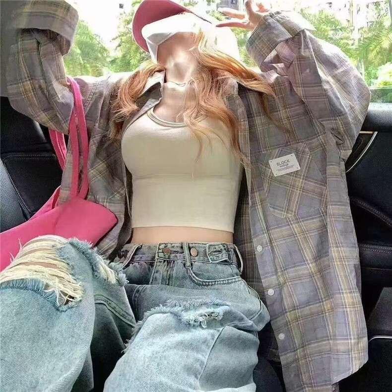 格子衬衫女春夏季薄款2025新款防晒上衣显瘦百搭开衫外搭长袖衬衣,男装衬衫,星座1210-1
