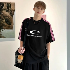 抖音得物品质二开240克宽松纯棉美式潮牌印花三条杠中性风短袖T恤，男装T恤，电商A486