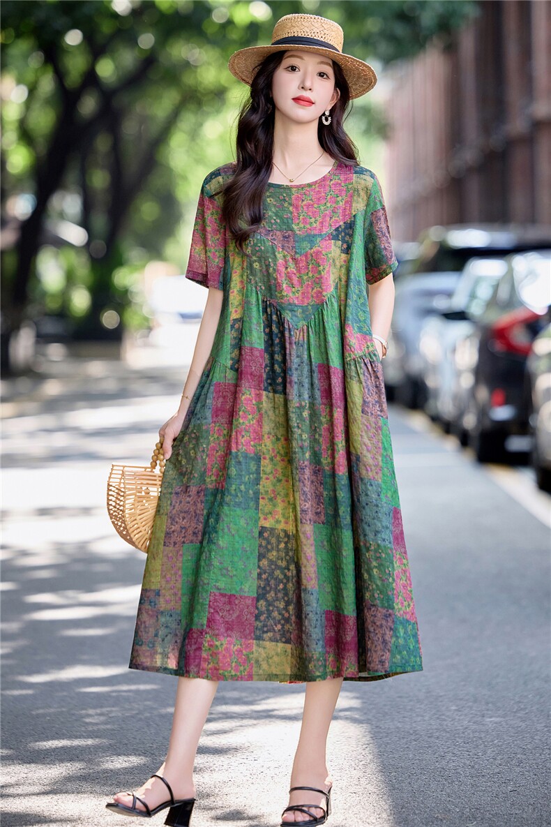 复古印花休闲棉麻连衣裙女2026夏季大码胖mm宽松遮肚显瘦A字裙子,女装连衣裙,倪叶myz