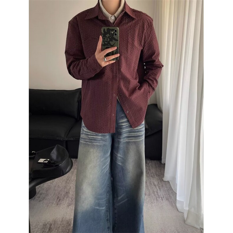 褶皱设计感豹纹衬衫男士ins大领垫肩长袖印花衬衣百搭上衣潮，男装衬衫，星座506A