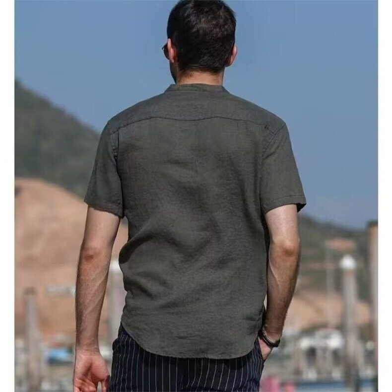 风立领复古棉亚麻T恤衬衣夏季短袖棉麻衬衫男士休闲宽松上衣,男装T恤,星座506A