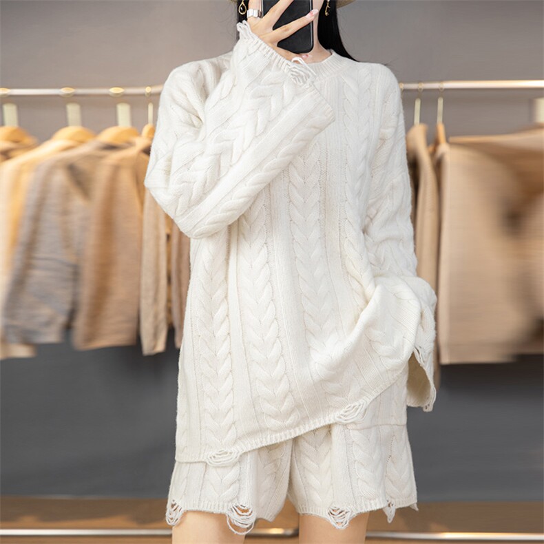 时尚秋季新款气质简约百搭潮流女士针织短裤套装,女装套装/套裙,悦玛羊绒