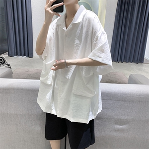 棉麻短袖港风宽松韩版潮流百搭bf风亚麻五分袖衬衣 W647-P30图片