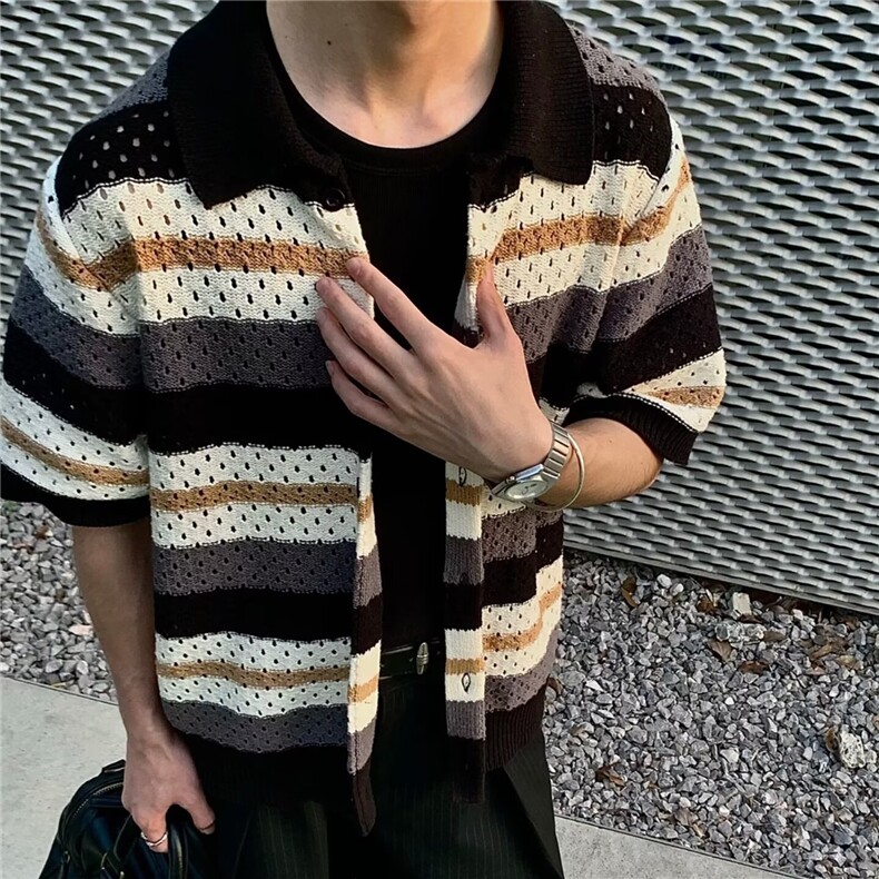 法式休闲撞色复古条纹镂空针织polo衫设计高级修身短袖t恤上衣夏,男装Polo衫,星座506A