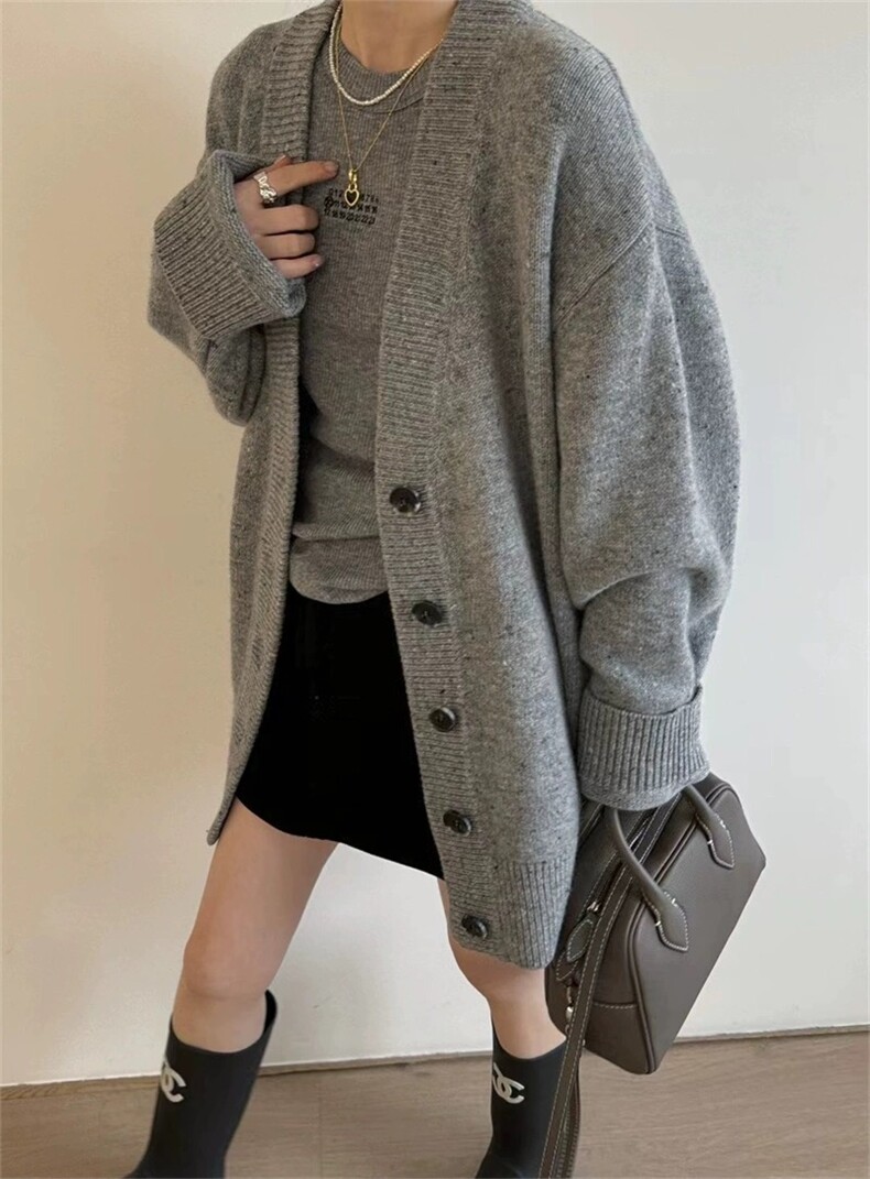 开衫女中长款V领秋冬慵懒软糯休闲宽松保暖针织衫,女装羊毛衫,恩泰羊绒