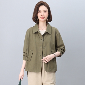 中年妈妈纯棉风衣外套女短款2025春秋新款小个子宽松大码夹克上衣图片