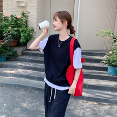 小个子韩系慵懒风设计感假两件拼接上衣+松紧系带包臀A字半身裙女，女装套装/套裙，2C053