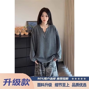 QC3273-P34 美式u型大领t恤男高级感华夫格宽松长袖上衣图片