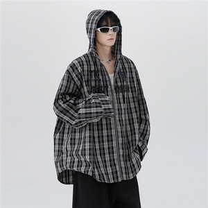 格纹长袖衬衫男2026春季新款美式高街痞帅青少年潮流宽松衬衣p65图片