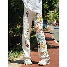 ！美式潮牌涂鸦彩绘豹纹十字架直筒休闲牛仔裤，男装牛仔裤，星座617C