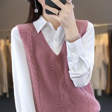 重工绞花针织羊毛衫马甲女春秋v领宽松外搭无袖坎肩宽松毛衣背心，女装马甲，恒旺羊绒