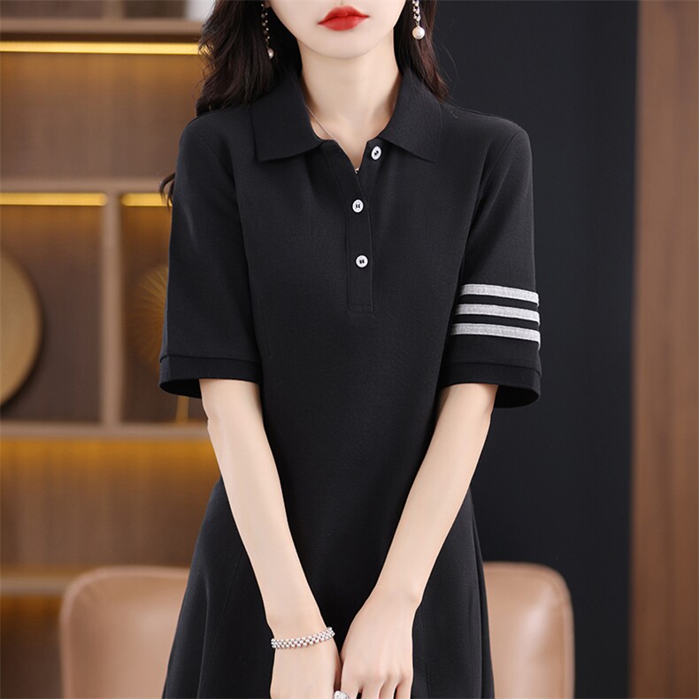 24夏季新款中长款连衣裙女POLO领运动显瘦长裙休闲短袖t恤打底衫,女装连衣裙,臻维羊绒