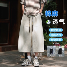 特批P35无差价夏季美式潮流拼接新中式棉麻宽松薄款七分裤男K5925，男装休闲裤，电商A001-1