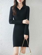 2025秋冬新款翻领加厚抽条长款100%羊毛打底衫连衣裙针织毛衣女，女装连衣裙，暖绒情旗舰店