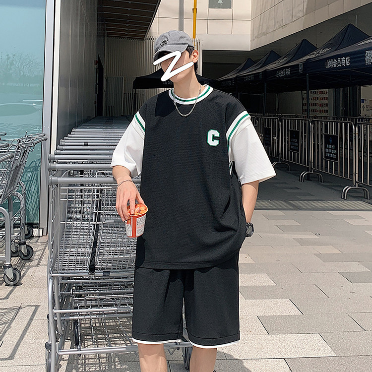 2025夏季华夫格套装男青少年T恤短裤两件套港风TZ227-P55,男装牛仔裤,电商A062