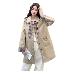 格纹拼接卡其色风衣女中长款秋季今年流行韩系巨好看小个子大衣，女装风衣，2C306