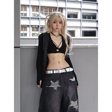 重磅设计感小众迷彩拼接毛边牛仔裤男女宽松显瘦直筒破洞阔腿长裤，男装牛仔裤，星座506A