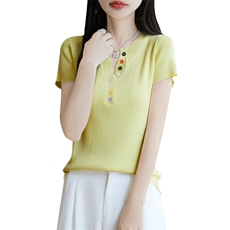 2025彩色纽扣v领针织短袖T恤女夏日薄款多巴胺辣妹正肩体恤上衣，女装针织衫/毛衣，皓宇羊绒