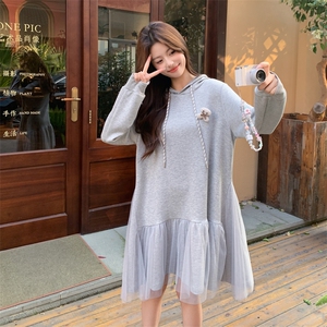 26春新款现-韩系灰色宽松网纱拼接卫衣连衣裙2607B灰-P155K248图片