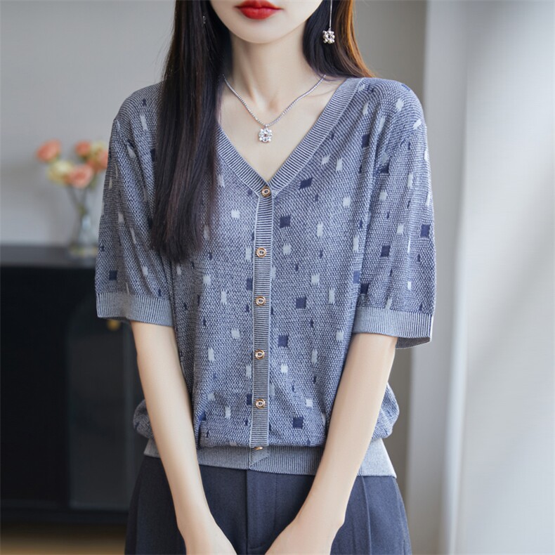 夏季莱塞尔天丝复古拼色提花短袖女V领假开衫半袖气质百搭T恤上衣，女装针织衫/毛衣，昭美羊绒