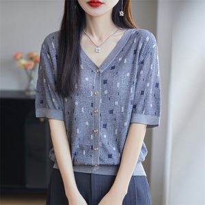 夏季莱塞尔天丝复古拼色提花短袖女V领假开衫半袖气质百搭T恤上衣,女装针织衫/毛衣,昭美羊绒
