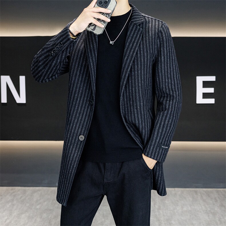 2025年英伦风宽松外套男双面条格50%羊毛毛呢长款大衣582216P160，女装短外套，星座301B-1