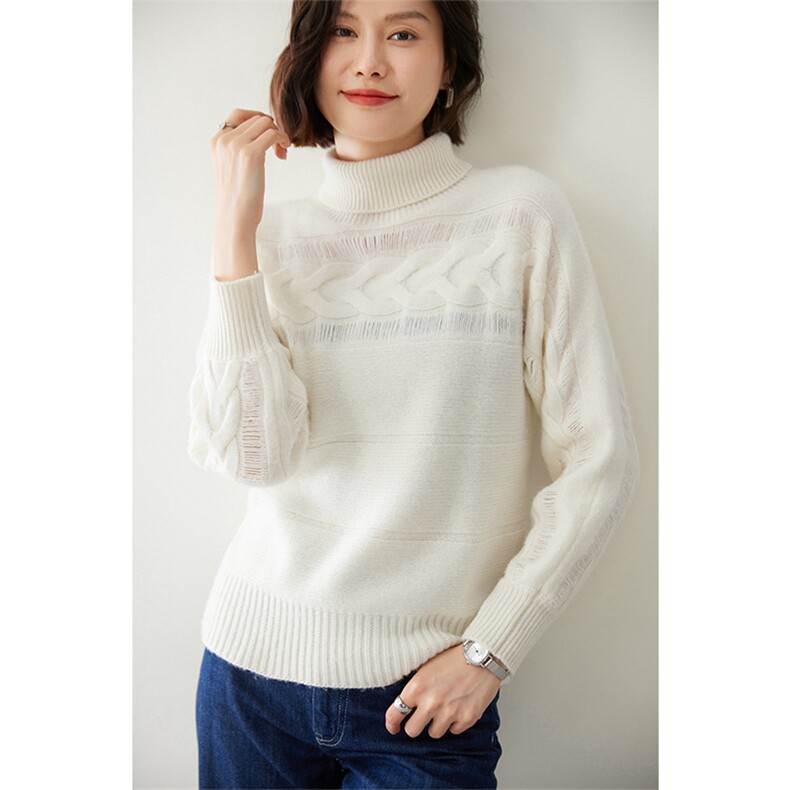 时尚高领麻花编织女士羊绒衫舒适保暖显瘦毛衣,女装羊绒衫,迎冬羊绒