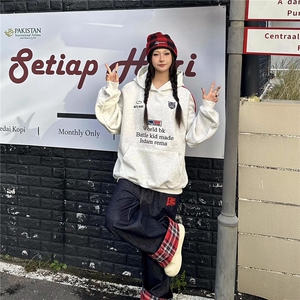 徽章织带连帽卫衣男女秋冬潮牌刺绣宽松运动情侣帽衫外套WY801图片