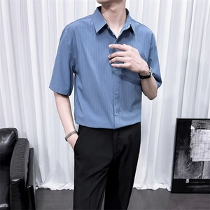 夏季轻熟风短袖条纹衬衫男痞帅黑色上衣男士韩版慵懒风衬衣 D8图片