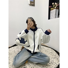 美式复古慵懒中性风撞色插肩袖卫衣男女宽松潮牌情侣拉链开衫外套，女装短外套，星座506A