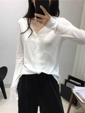 2025年春季冰丝针织开衫外套女士新款薄款V领打底衫内搭长袖上衣，女装针织衫/毛衣，千御纺羊绒