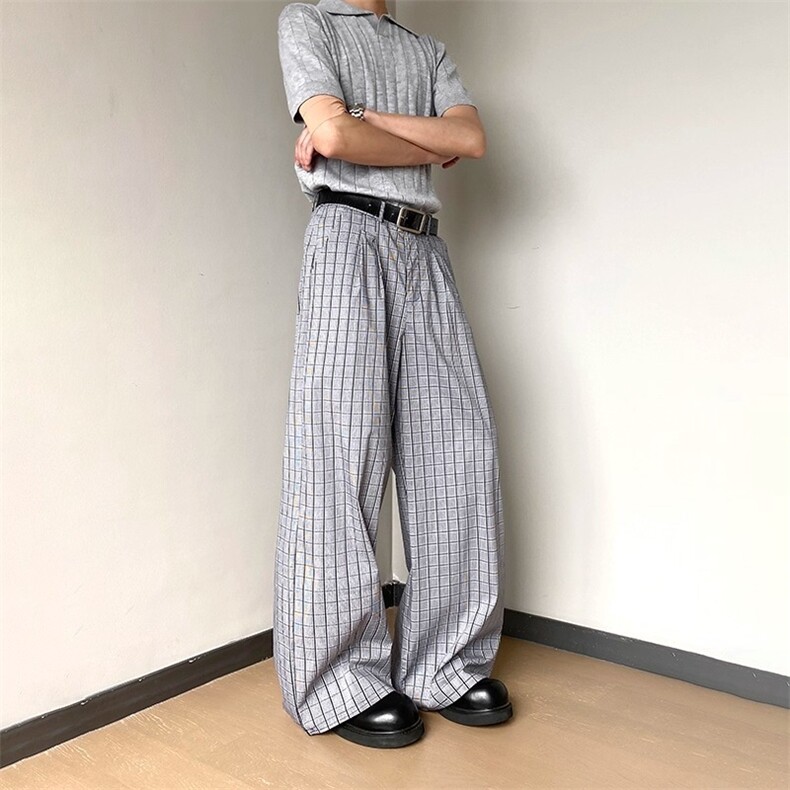 W10189-P55网图现货美式复古cleanfit灰色格纹休闲裤宽松阔腿裤,男装休闲裤,星座1608