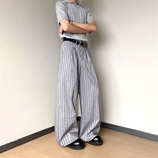 W10189-P55网图现货美式复古cleanfit灰色格纹休闲裤宽松阔腿裤，男装休闲裤，星座1608