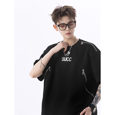 XZ1005-1-TTH0039-P48-夏季重磅垫肩金属拉链设计感短袖T恤，男装T恤，星座1005-1