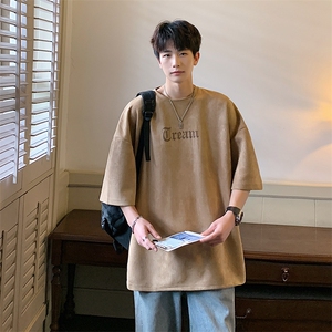 DX500P30港风重磅麂皮绒短袖美式高街t恤男大码半袖男,白色皮褂穿搭图片