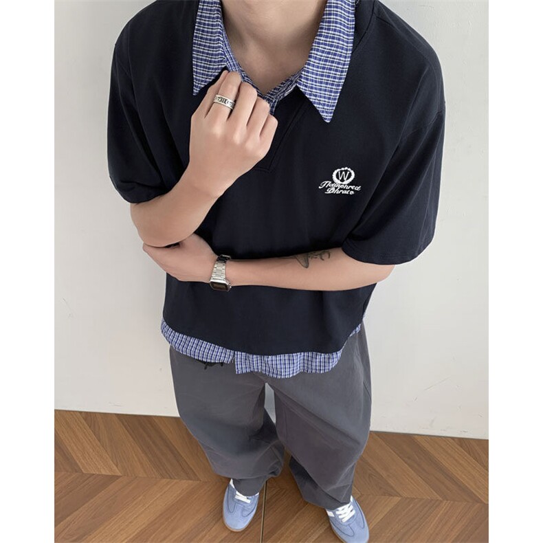 假两件短袖男格子拼接polo衫t恤翻领复古宽松休闲上衣,男装T恤,星座410-6（原星座1304-1）