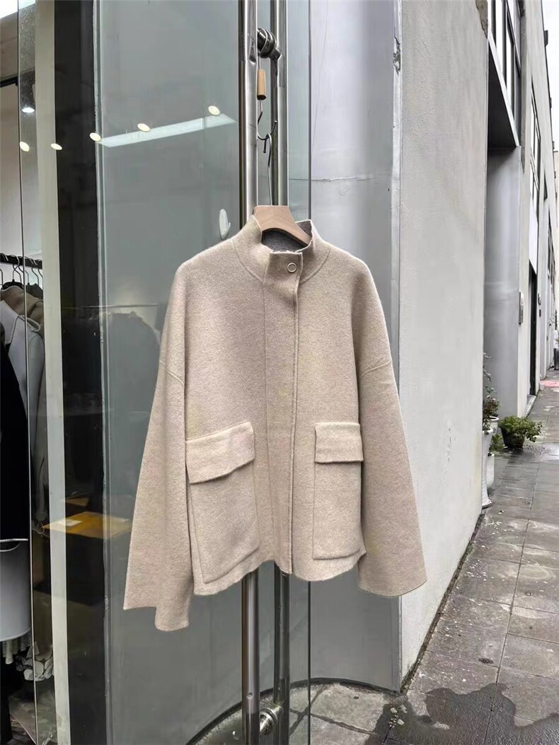 立领宽松大版廓形双面35%羊绒开衫外套,女装羊绒衫,以美红杉羊绒
