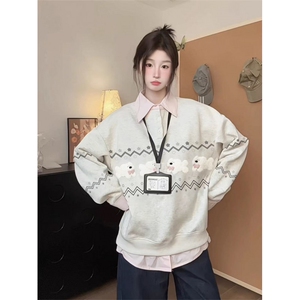 5707-P56现货#原版做工毛绒刺绣+翻领休闲卫衣薄款/加绒图片